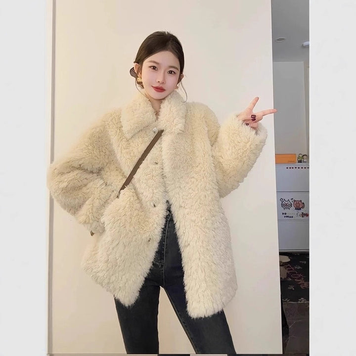 Damen Oversize Teddyfell‑Mantel mit Schalkragen und verdeckter Knopfleiste Drune