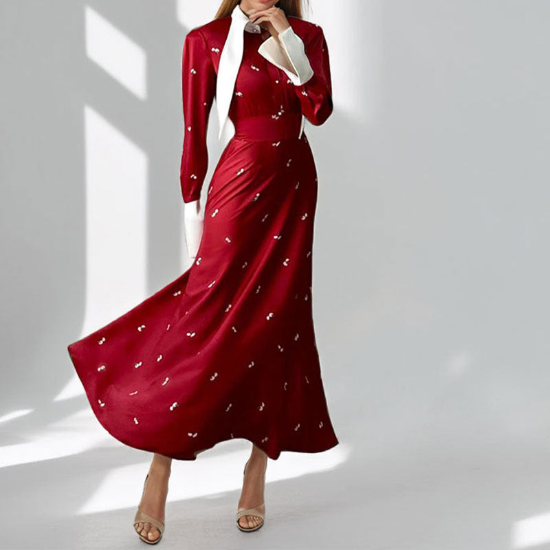 Damen Elegantes Maxikleid mit kunstvoller Drapierung und langen Ärmeln Drune