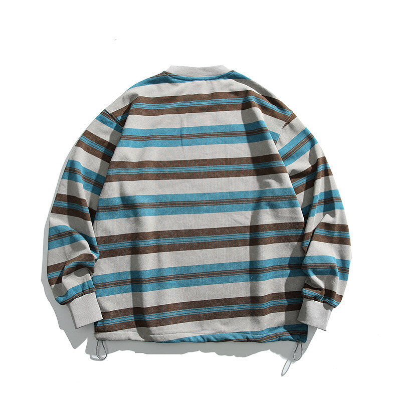Herren Oversized Gestreiftes Sweatshirt mit Kordelzugsaum und Rundhals Drune
