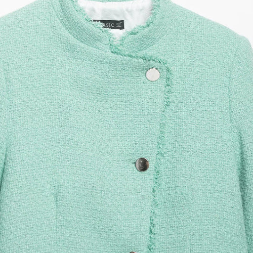 Damen Cropped Bouclé‑Jacke mit asymmetrischer Knopfleiste und Fransensaum Drune