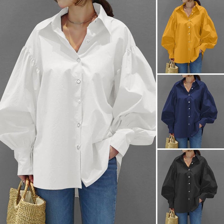 Damen Oversize-Bluse mit Ballonärmeln und Hemdkragen Drune