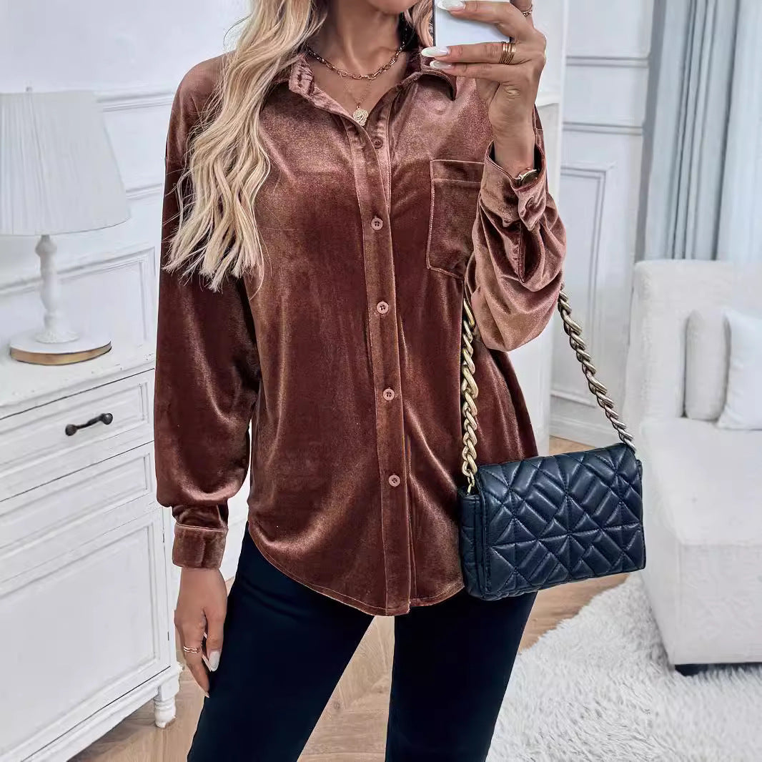 Damen Velours-Hemdbluse mit Brusttasche und klassischem Kragen Drune