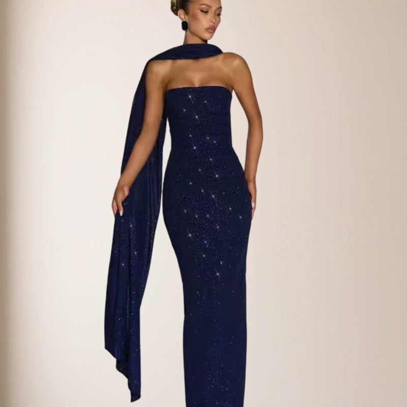 Damen elegantes Abendkleid mit schimmernden Pailletten und schulterfreiem Design Drune