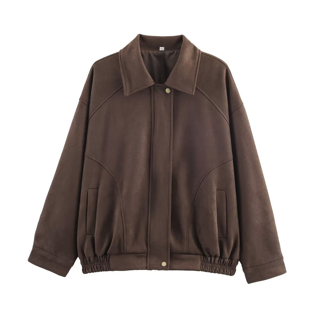 Damen nan oversized Velours-Bomberjacke mit Hemdkragen, verdeckter Druckknopfleiste und elastischem Saum Drune