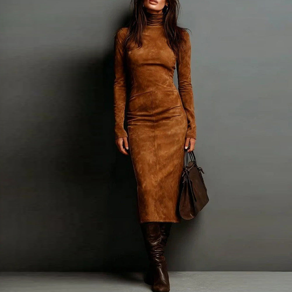 Damen Tailliertes Midi Kleid im Samt-Look mit Rollkragen und maßgeschneiderter Silhouette Drune