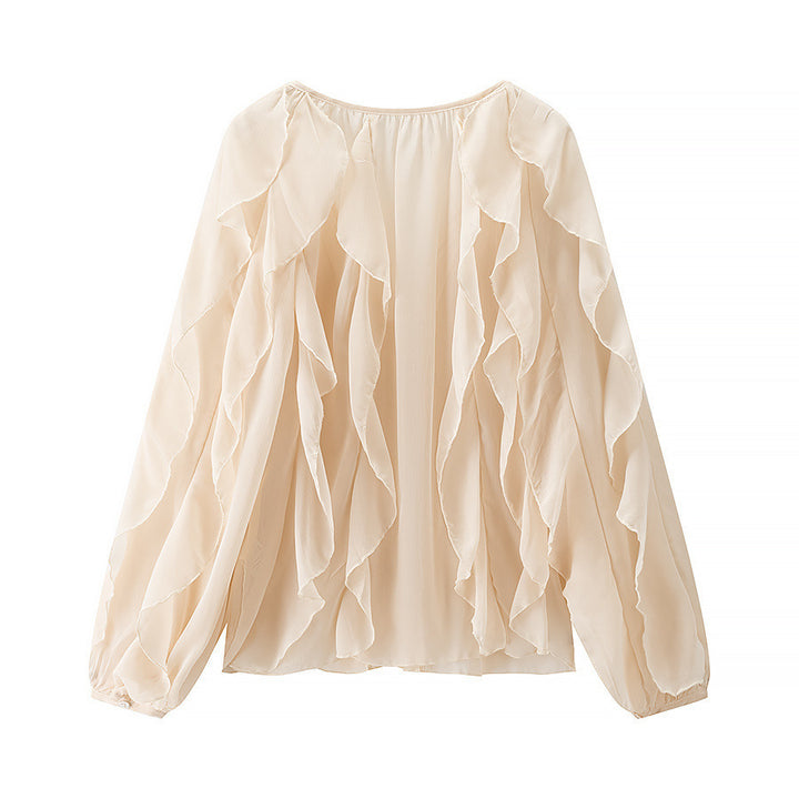 Damen Voluminöse Chiffonbluse mit mehrlagigen Volants und Knopfverschluss Drune