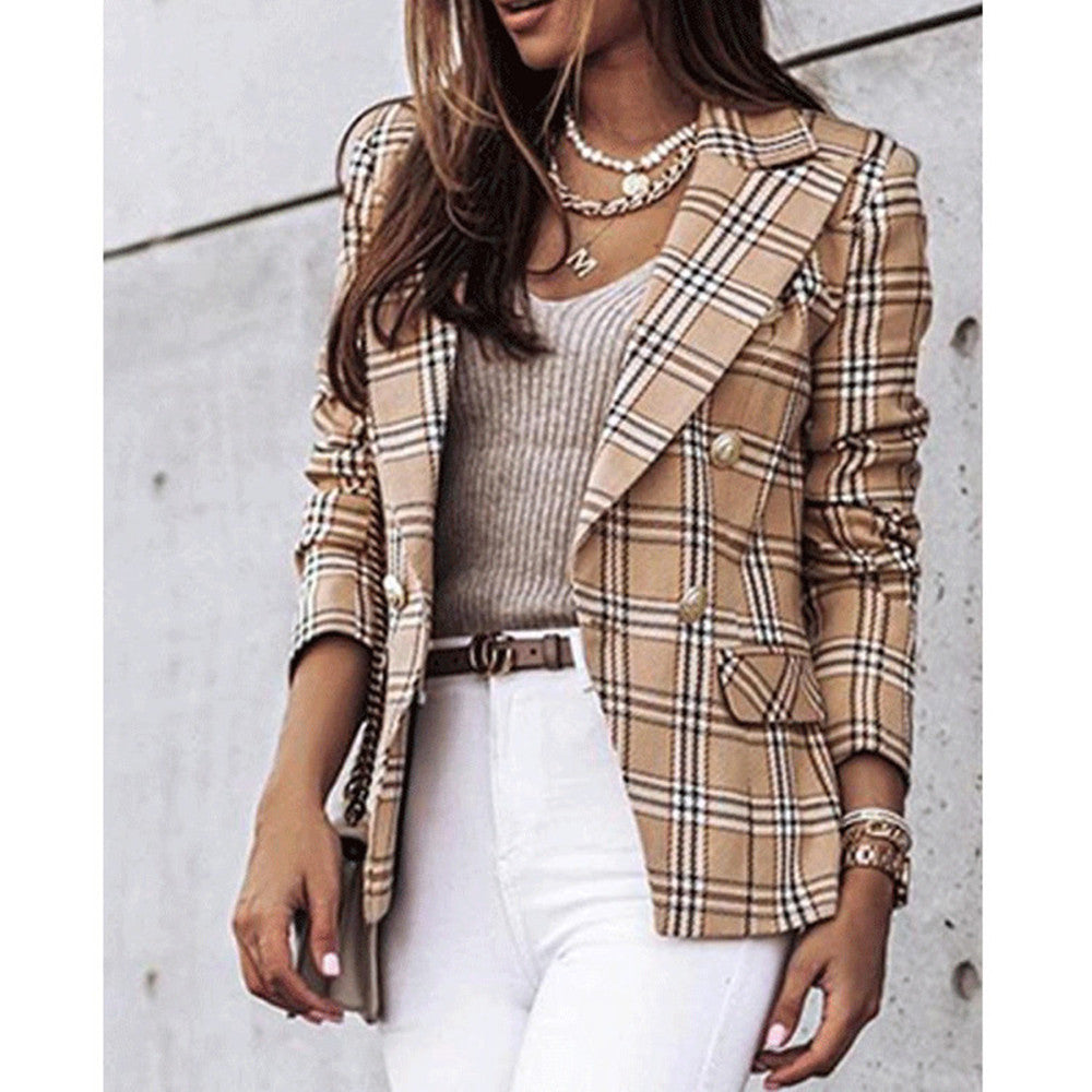 Damen Karierter Blazer mit Doppelreihiger Knopfleiste und Modernem Schnitt Drune