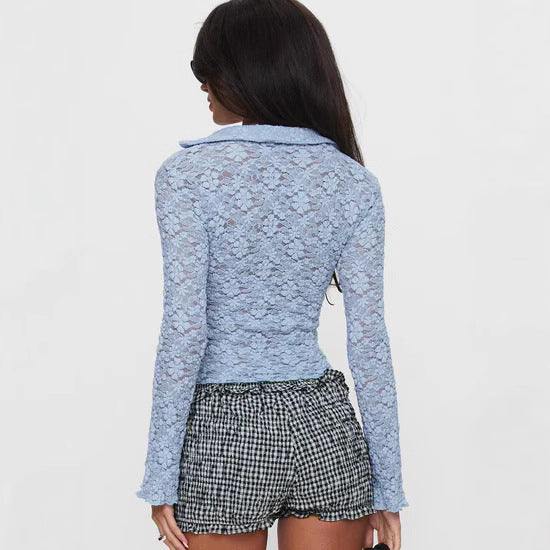Damen Spitzenbluse mit V-Ausschnitt und floralen Details Drune