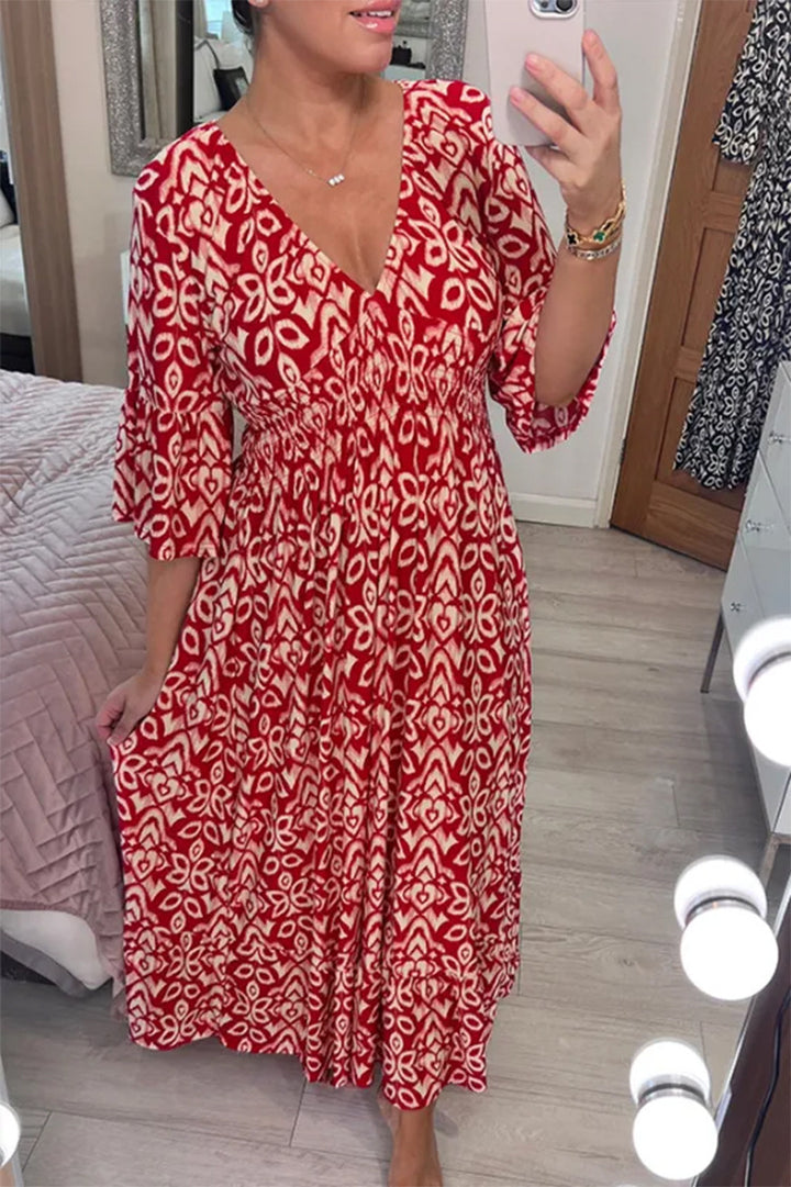 Damen Boho‑Maxikleid mit Smoktaillenband, Wickeloptik‑Dekolleté und Volantärmeln Drune
