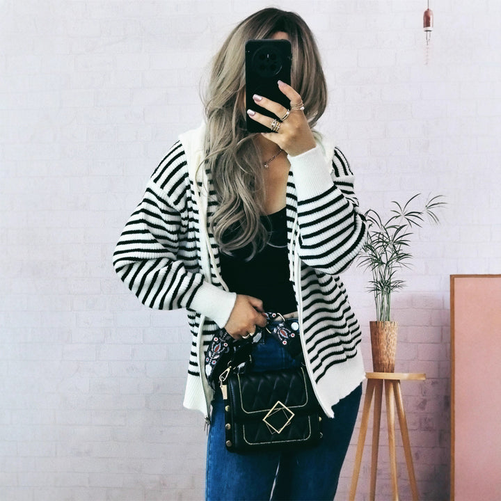 Damen lässiger Hoodie mit gestreifter Struktur und praktischen Taschen Drune