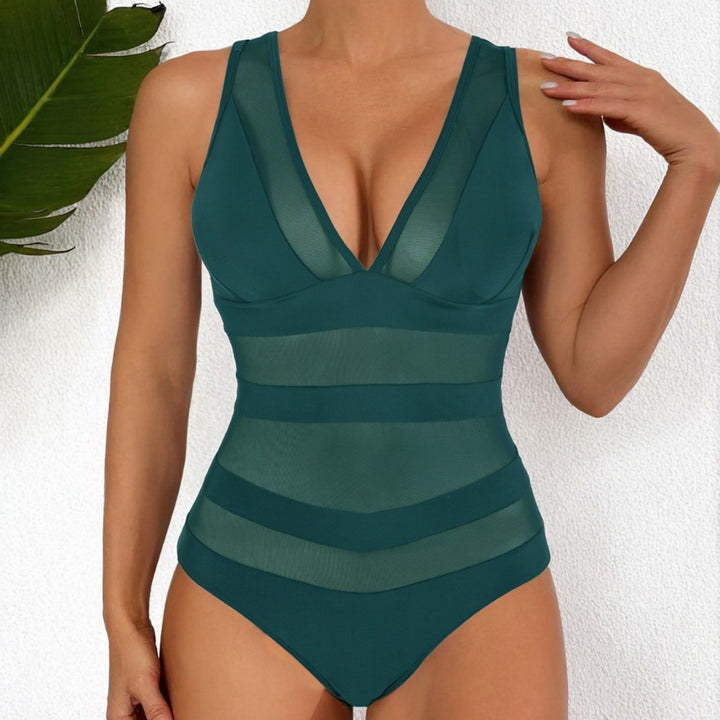 Damen Designer Badeanzug mit tiefem V-Ausschnitt und raffinierten Mesh-Einsätzen Drune