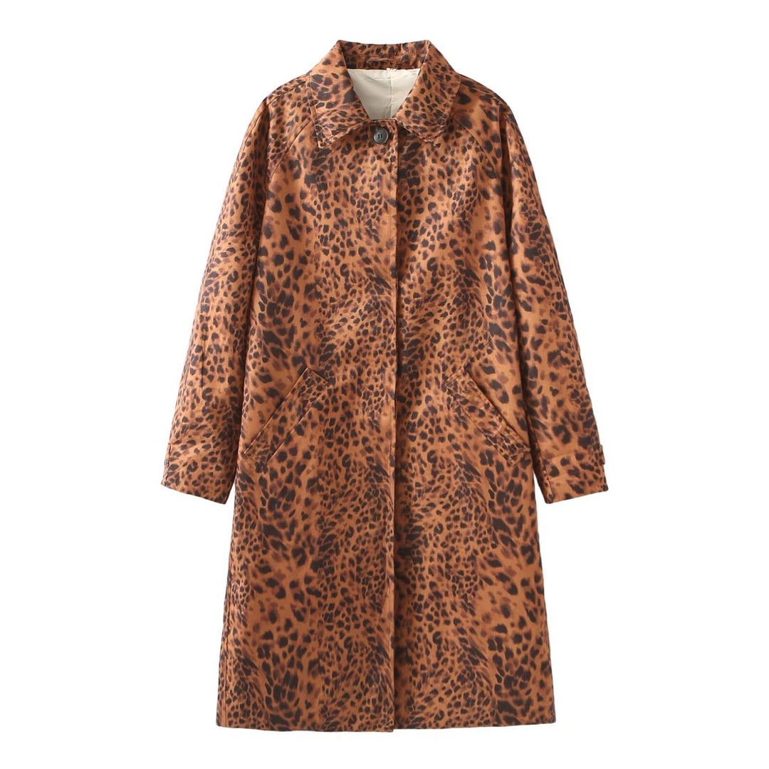 Damen nan langer Satin-Mantel im Leo-Print mit Reverskragen verdeckter Knopfleiste und Eingrifftaschen Drune
