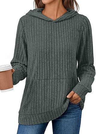 Damen kuscheliger Hoodie mit geripptem Design und praktischer Kängurutasche Drune