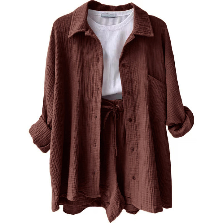 Damen lässiges Komfort-Set aus kurzem Top und Oversized-Hemd Drune