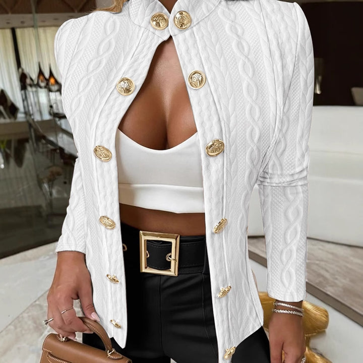 Damen Eleganter Strickblazer mit goldenen Knöpfen und Stehkragen Drune