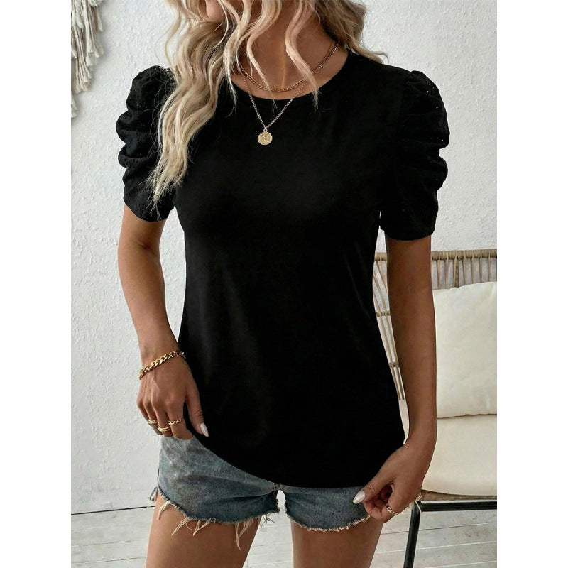 Damen T-Shirt mit Puffärmeln und Spitzenapplikationen Drune