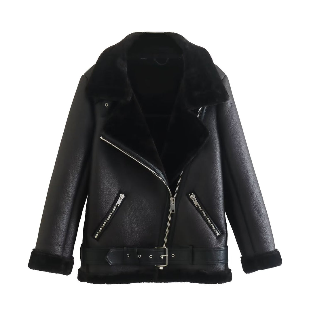Damen nan taillierte Bikerjacke im Aviator‑Look mit Kunstfellfutter, asymmetrischem Reißverschluss und Taillengürtel Drune