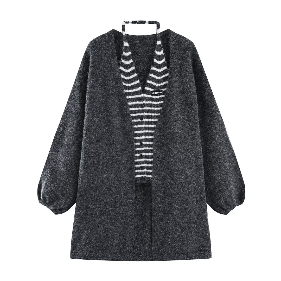 Damen Oversize Strickcardigan mit Ballonärmeln und gestreifter Einfass-Knopfleiste Drune
