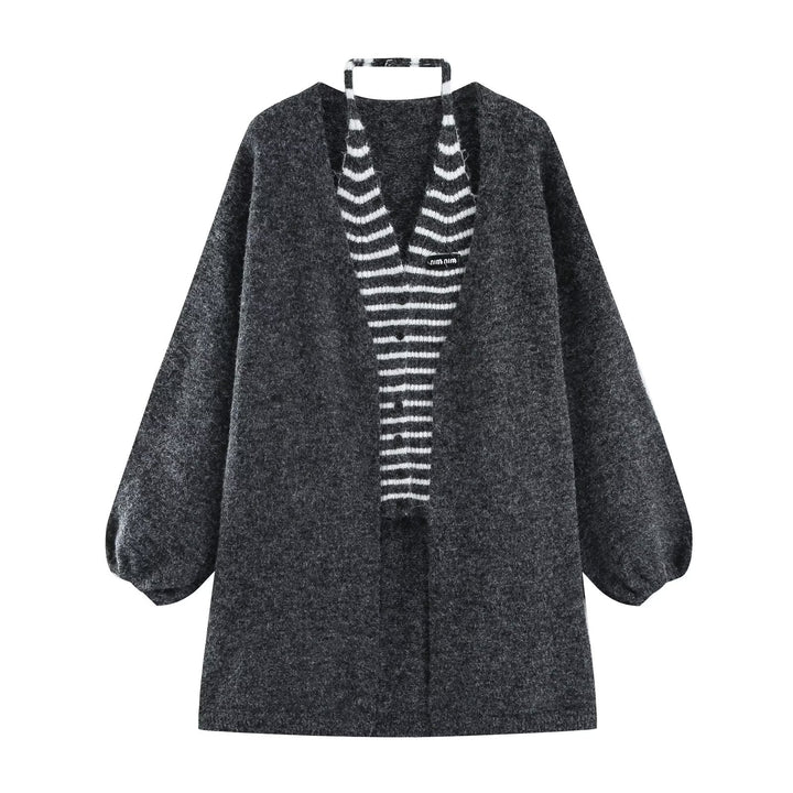 Damen Oversize Strickcardigan mit Ballonärmeln und gestreifter Einfass-Knopfleiste Drune