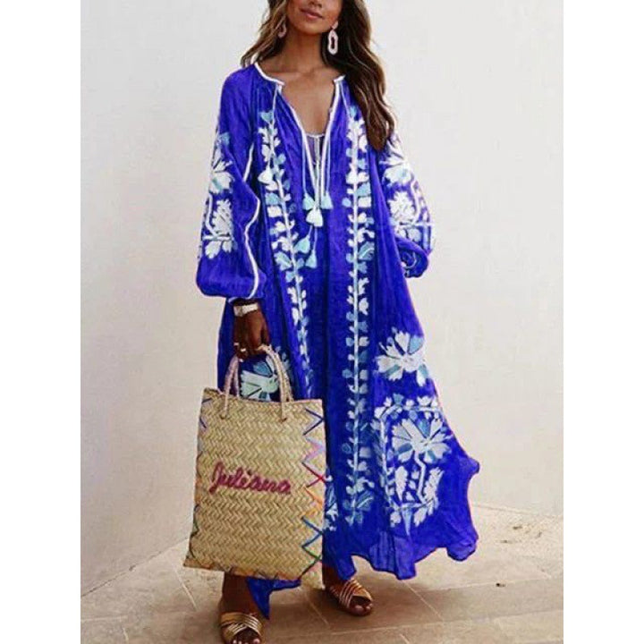 Damen Besticktes Boho-Maxikleid mit Ballonärmeln und Quastenverschluss Drune