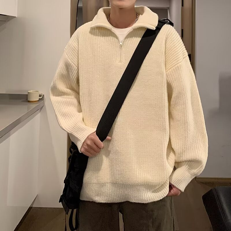 Herren Weicher Oversize-Rippenstrick-Pullover mit verdecktem Halbzip und Polokragen Drune