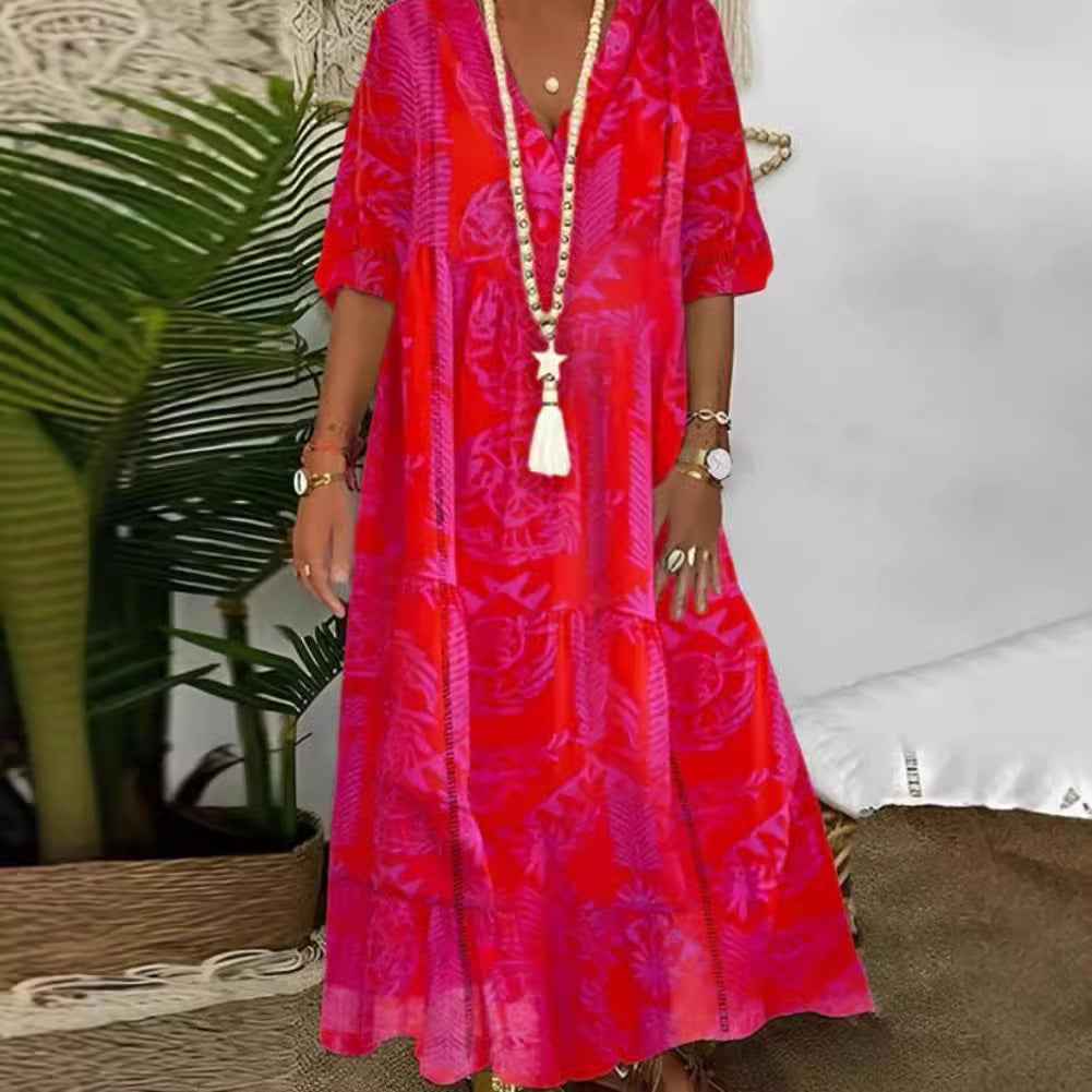 Damen elegantes Maxikleid mit floralen Motiven und V-Ausschnitt Drune