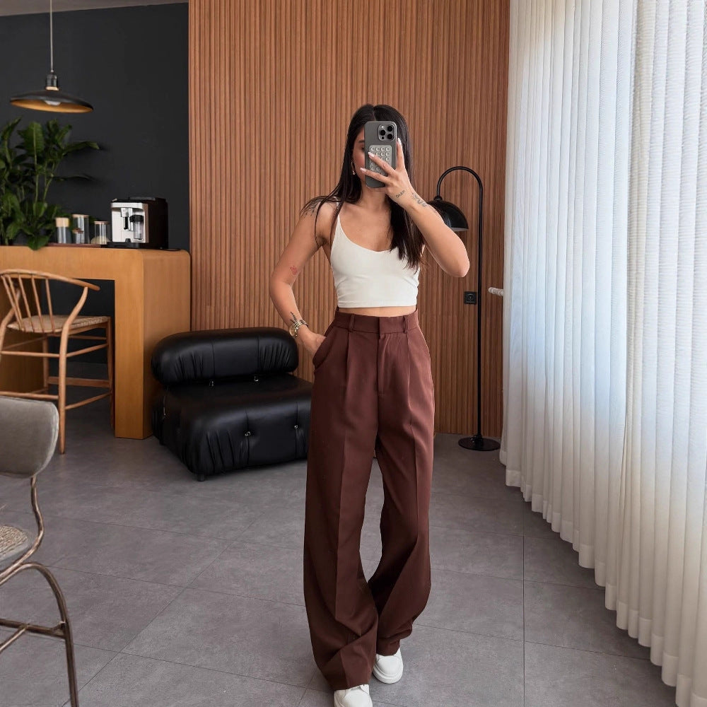 Damen hochgeschnittene Stoffhose mit geradem Bein Drune