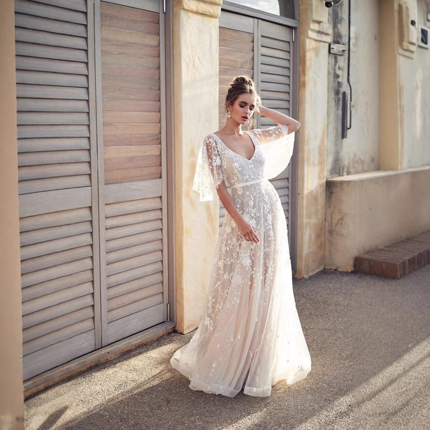 Damen Abendkleid mit floralen Stickereien und Spitzenärmeln Drune