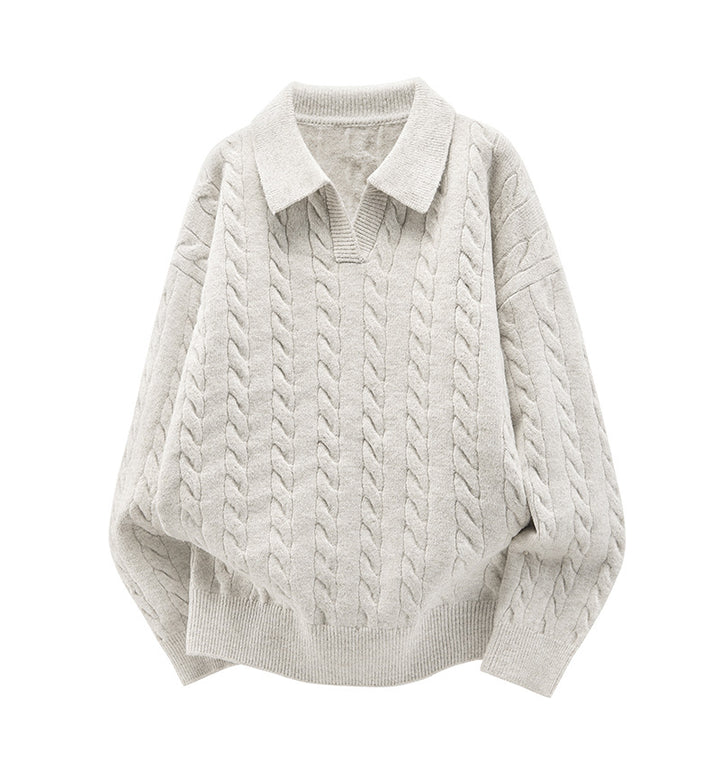 Damen Oversize Kabelstrick-Polo-Pullover mit V‑Ausschnitt und geripptem Saum Drune