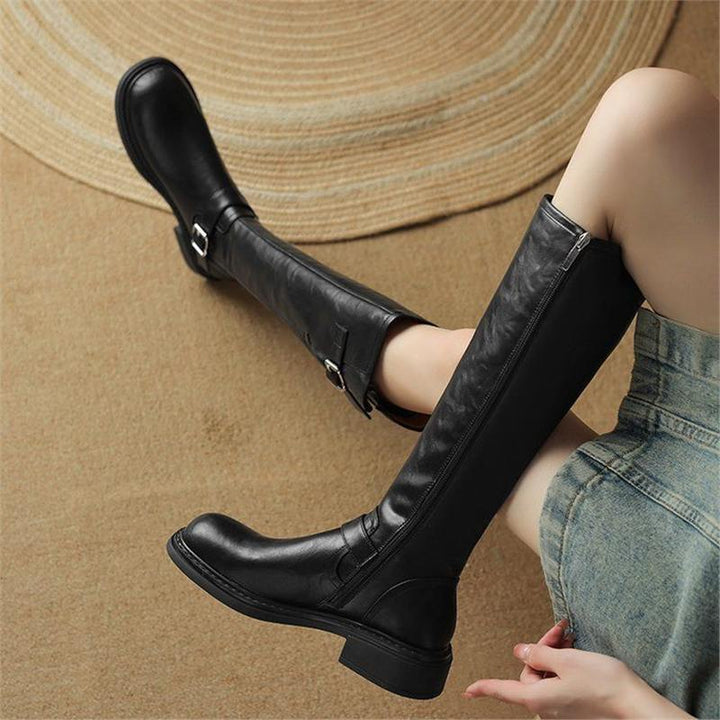 Damen Kniehohe Lederoptik-Stiefel mit verstellbaren Zierschnallen Drune
