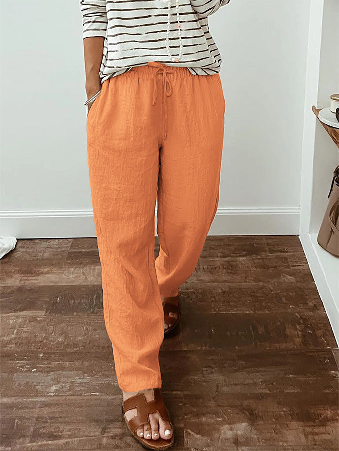 Leichte Damen-Leinenoptik-Hose mit elastischem Kordelzug, Fronttaschen und weitem Bein Drune