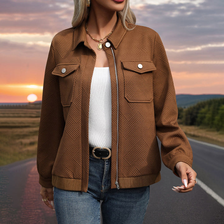 Damen Gestepptes Übergangs‑Shacket mit Klappentaschen, Reißverschluss und Strukturjacquard Drune