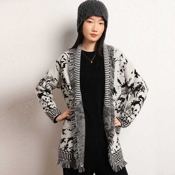 Damen Komfortable Strickjacke mit grafischem Muster und Fransendetails Drune