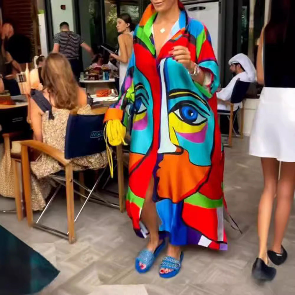 Damen nan Oversize-Hemdkaftan mit abstraktem Portraitprint und Hemdkragen Drune