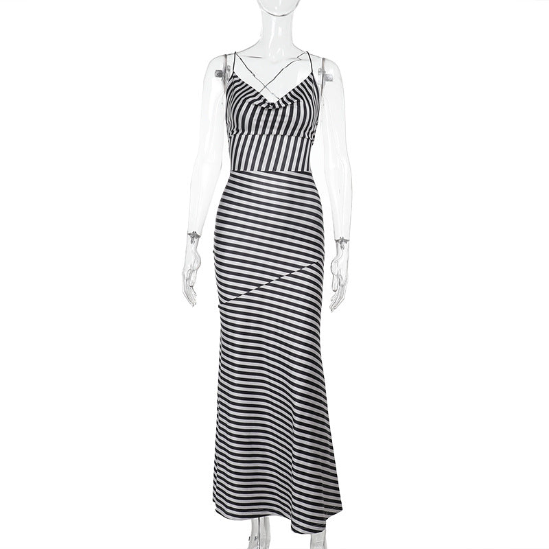 Damen Streifen-Maxi-Kleid mit elegantem Schnitt und verstellbaren Trägern Drune