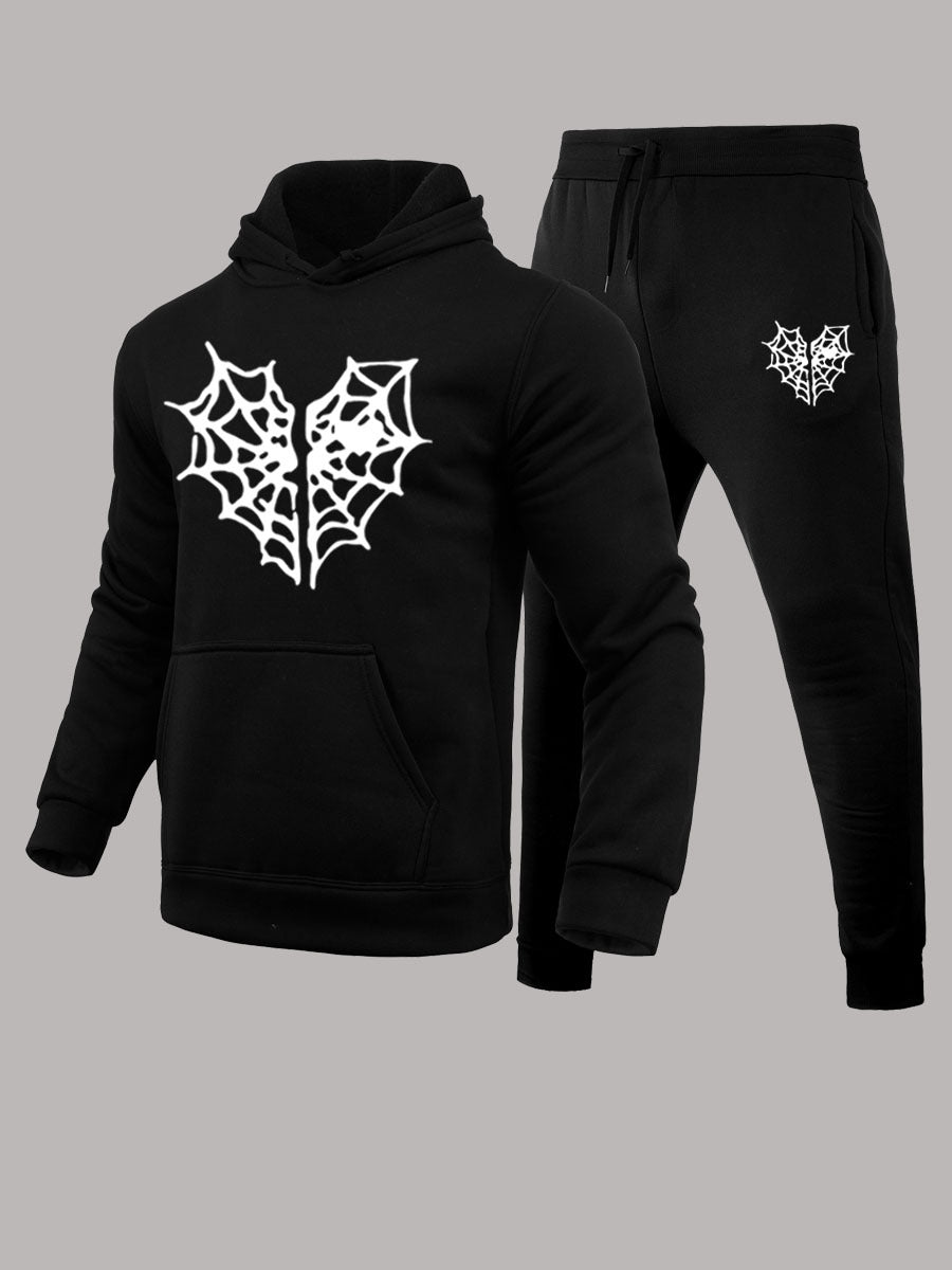 Herren Kapuzenpullover und Jogginghose Set mit einzigartigem Spinnennetz-Motiv Drune