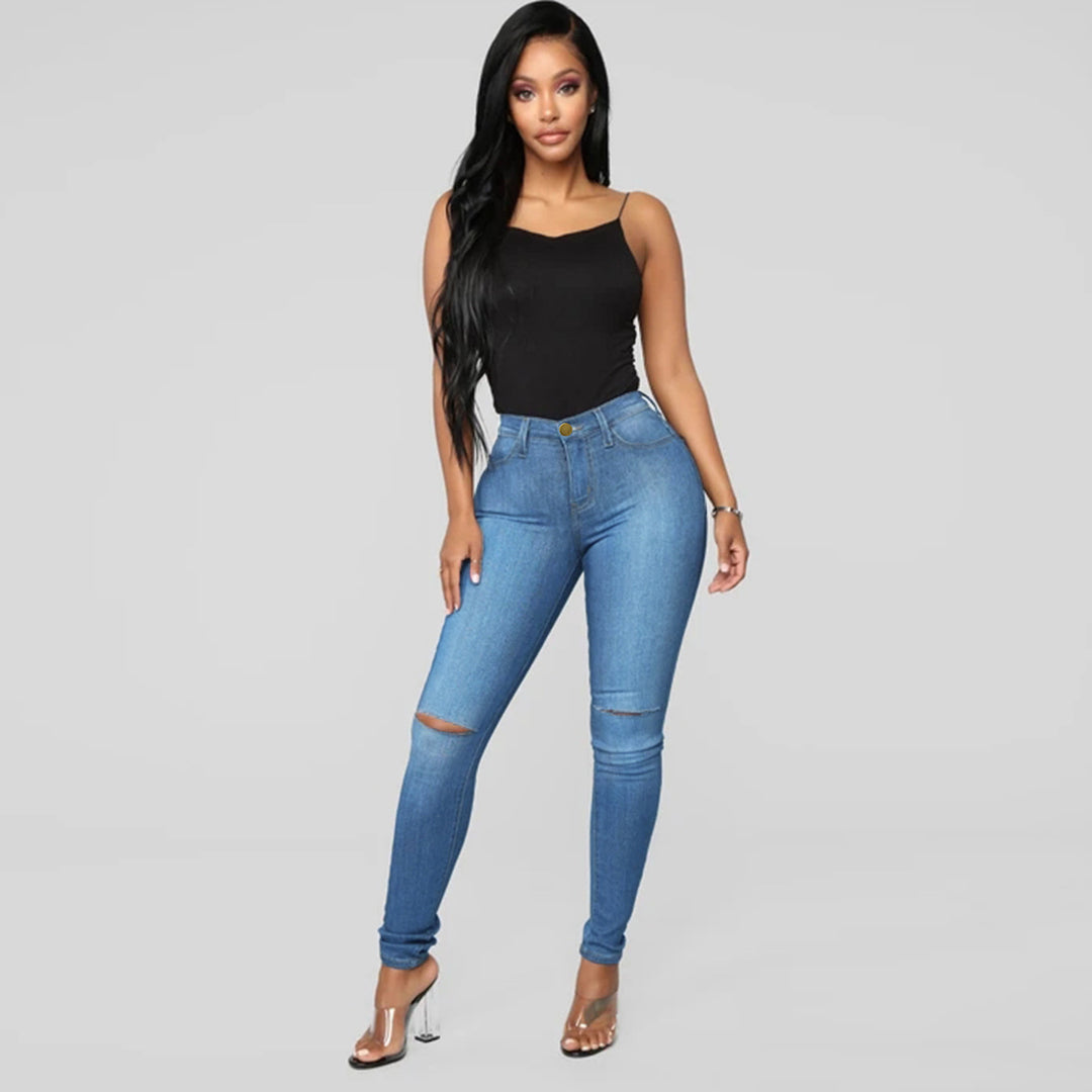 Damen High-Waist Skinny-Jeans mit Knie-Rissen und figurformendem Schnitt Drune