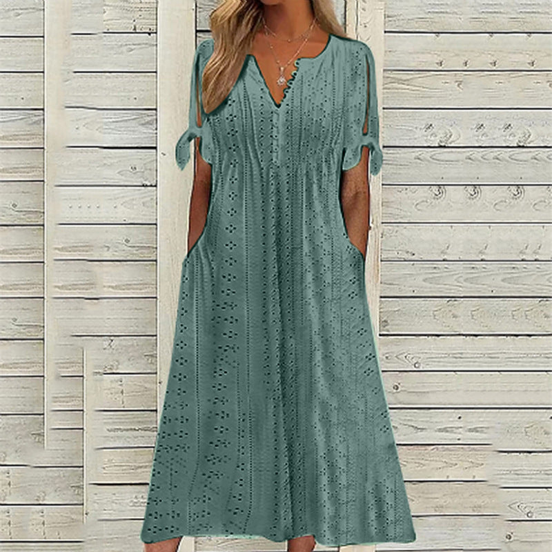 Damen Maxikleid mit Luftigen Ärmeln und Eleganten Lochmustern Drune