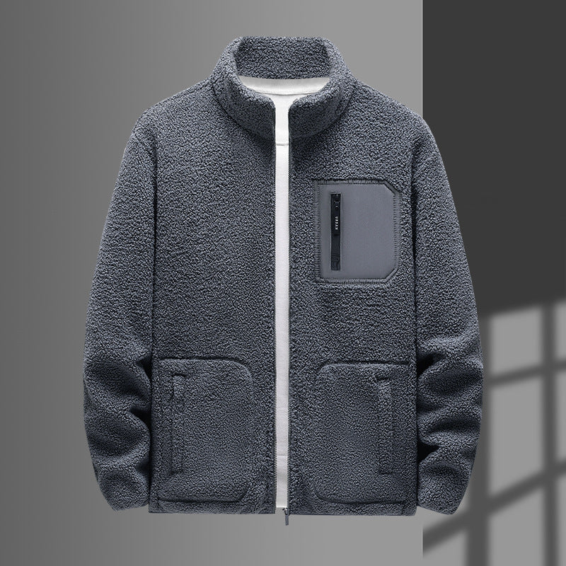 Herren wärmende Teddyfleecejacke mit Stehkragen, durchgehendem Reißverschluss und Brustreißverschlusstasche Drune