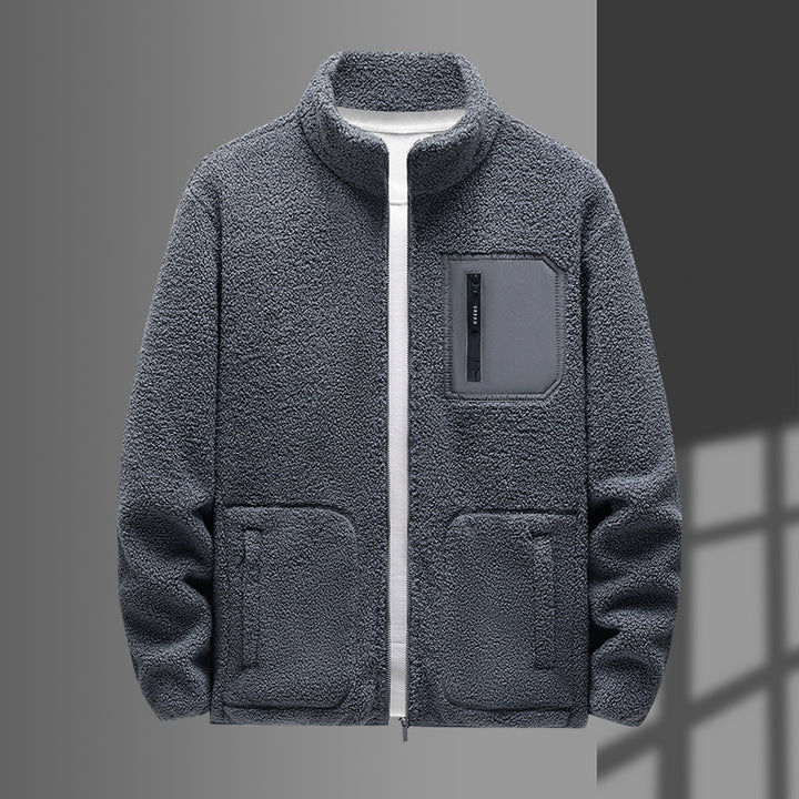 Herren wärmende Teddyfleecejacke mit Stehkragen, durchgehendem Reißverschluss und Brustreißverschlusstasche Drune
