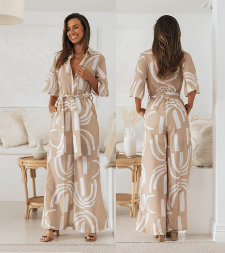 Damen Jumpsuit mit elegantem Bindegürtel und modischem Muster Drune