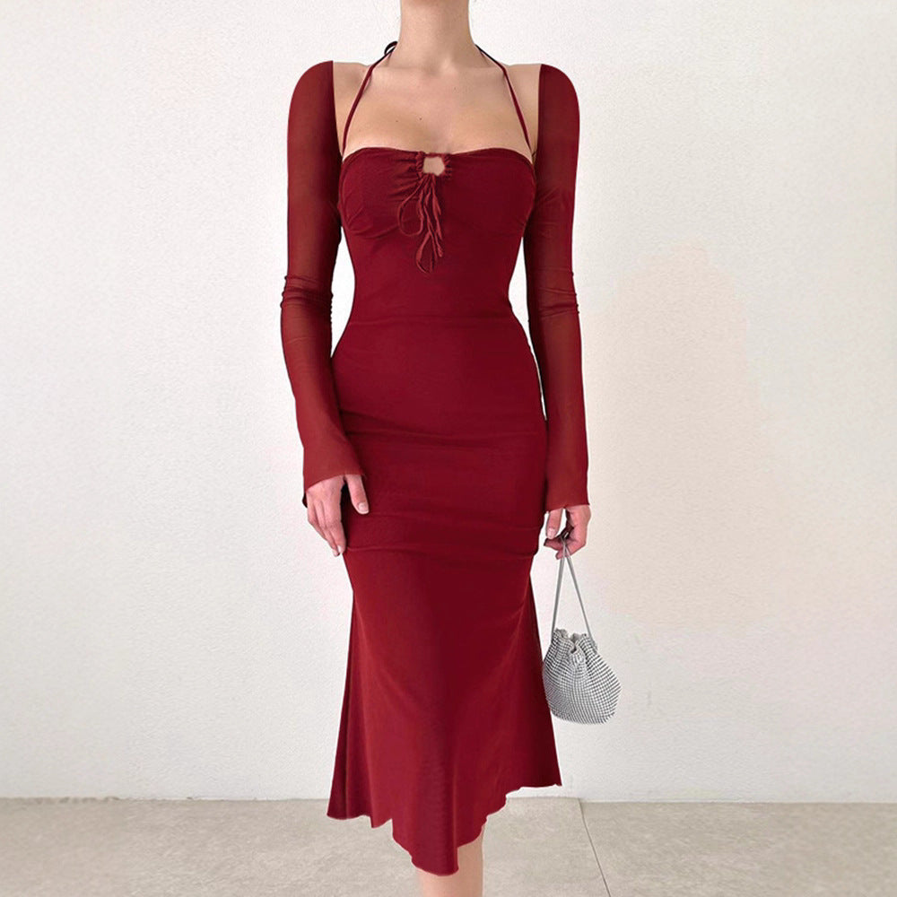 Damen Elegantes Figurbetontes Kleid mit schmalen Trägern und Flügelärmeln Drune