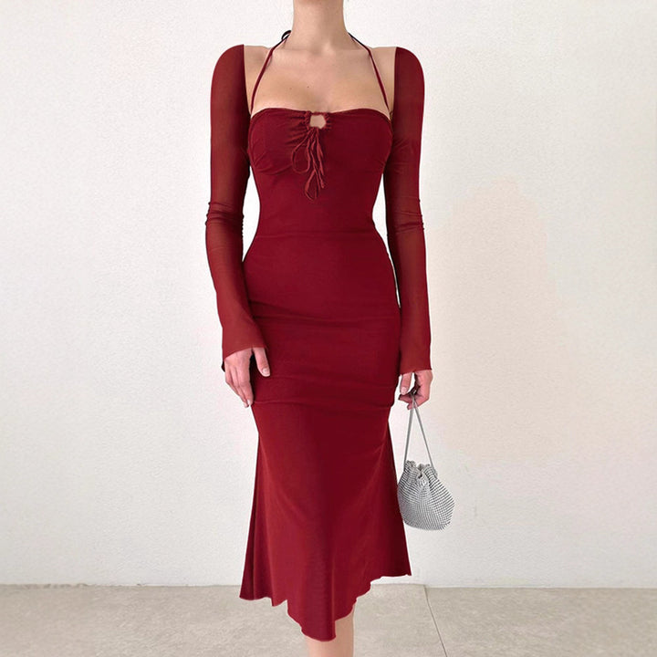 Damen Elegantes Figurbetontes Kleid mit schmalen Trägern und Flügelärmeln Drune