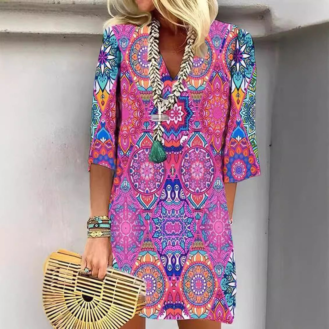 Damen nan kurzes Boho‑Tunika‑Minikleid mit V‑Ausschnitt, Mandala‑Alloverprint und Dreiviertelärmeln Drune