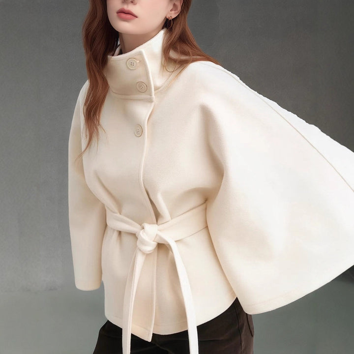 Damen moderne Cape-Jacke mit abnehmbarem Gürtel und hohem Kragen Drune