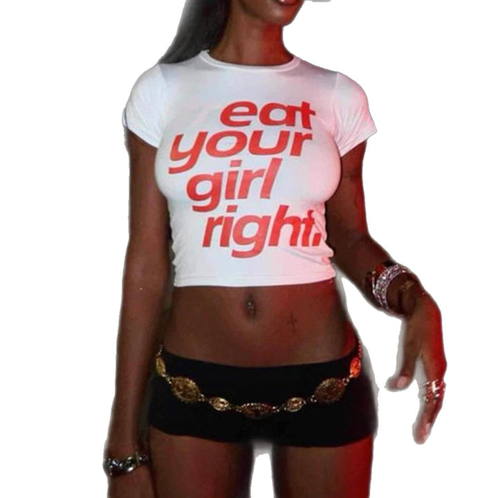 Damen Crop-T-Shirt mit kreativem Statementdruck Drune