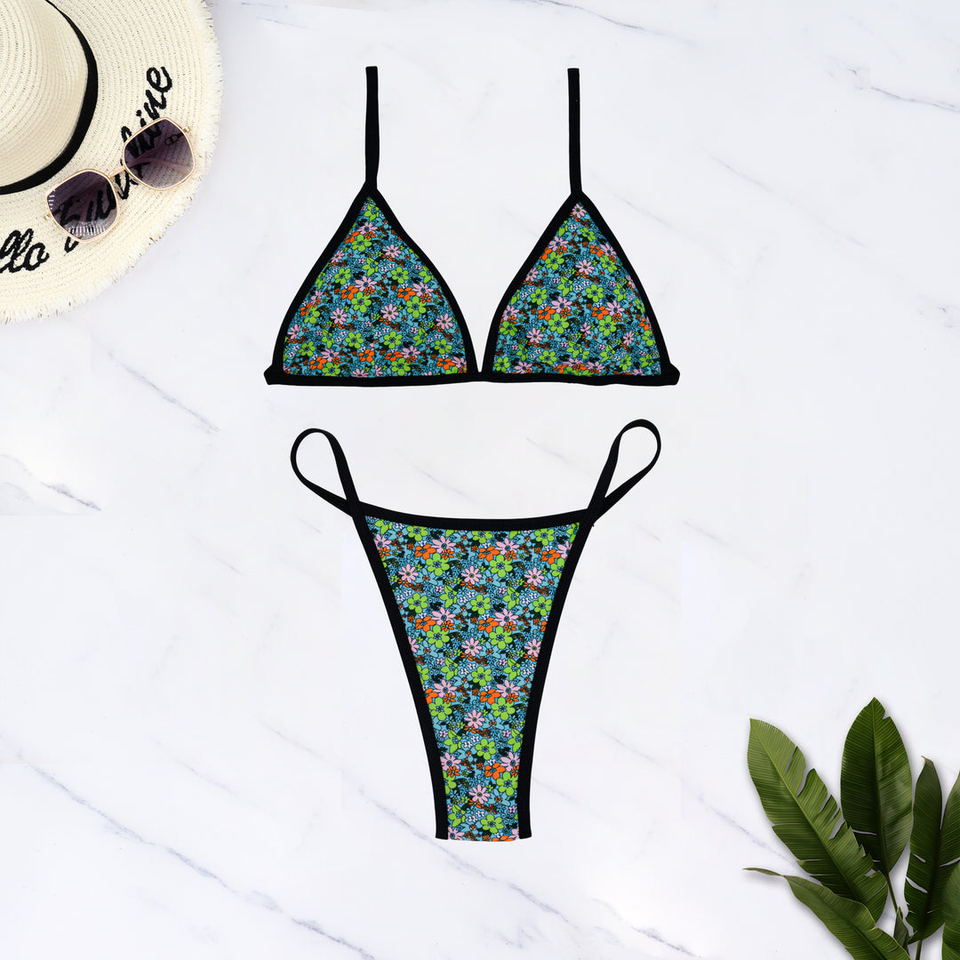 Damen Gestreifter Triangel-Bikini mit floralem Muster Drune