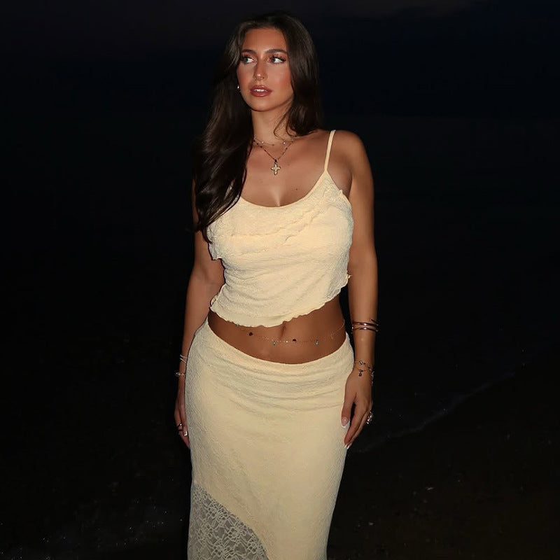 Damen Maxikleid mit transparentem Spitzensaum und raffinierten Rüschendetails Drune
