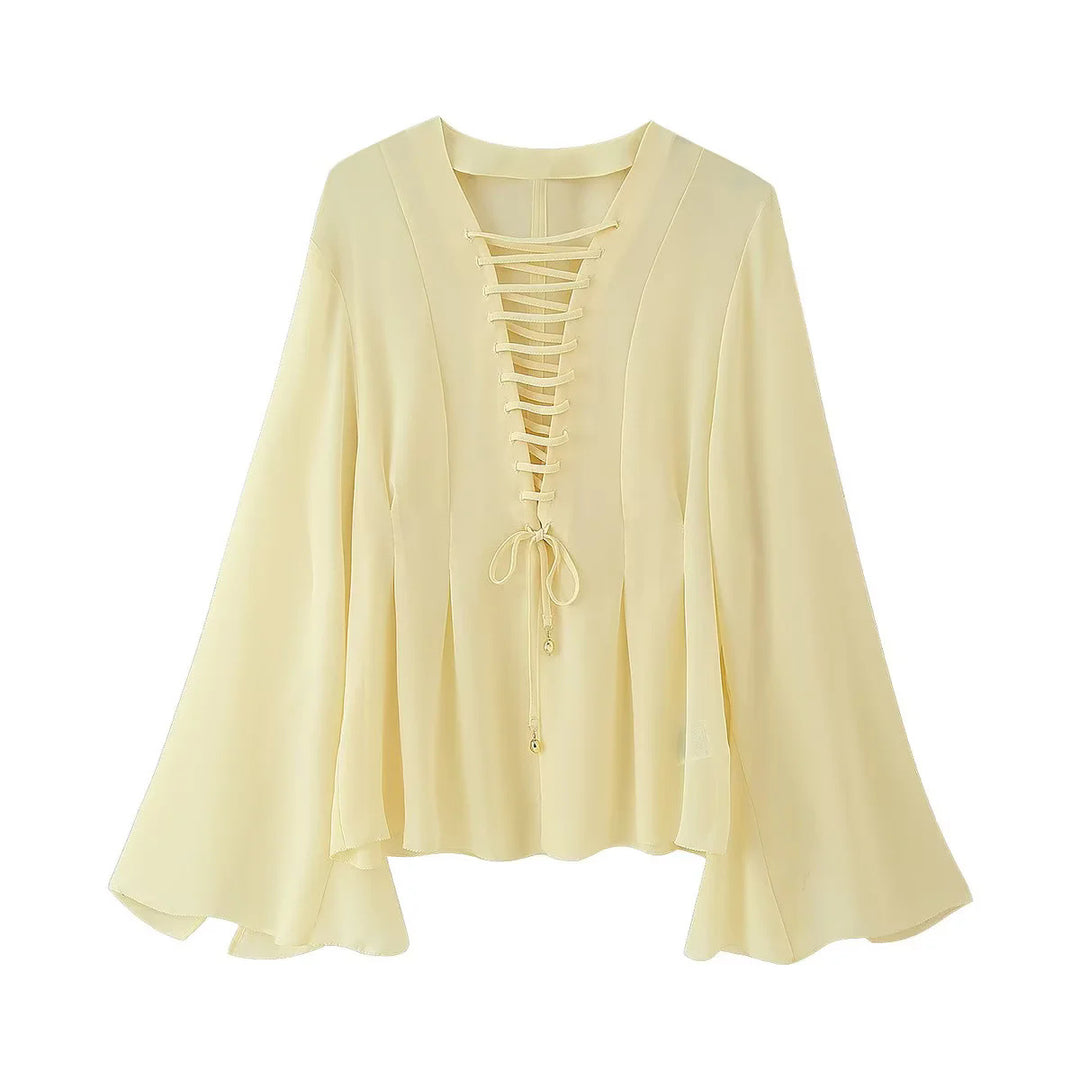 Damen nan feminine Chiffonbluse mit Schnürung V-Ausschnitt und Glockenärmeln Drune