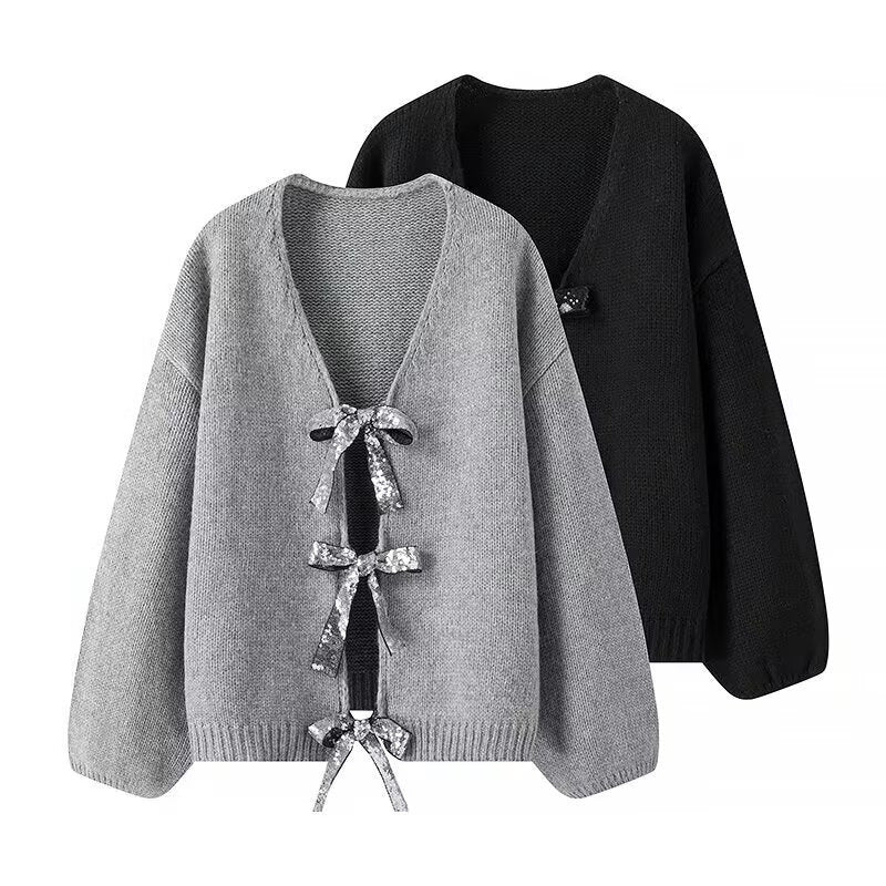 Damen luftige Strickjacke mit Schimmerndem Bindegürtel Drune